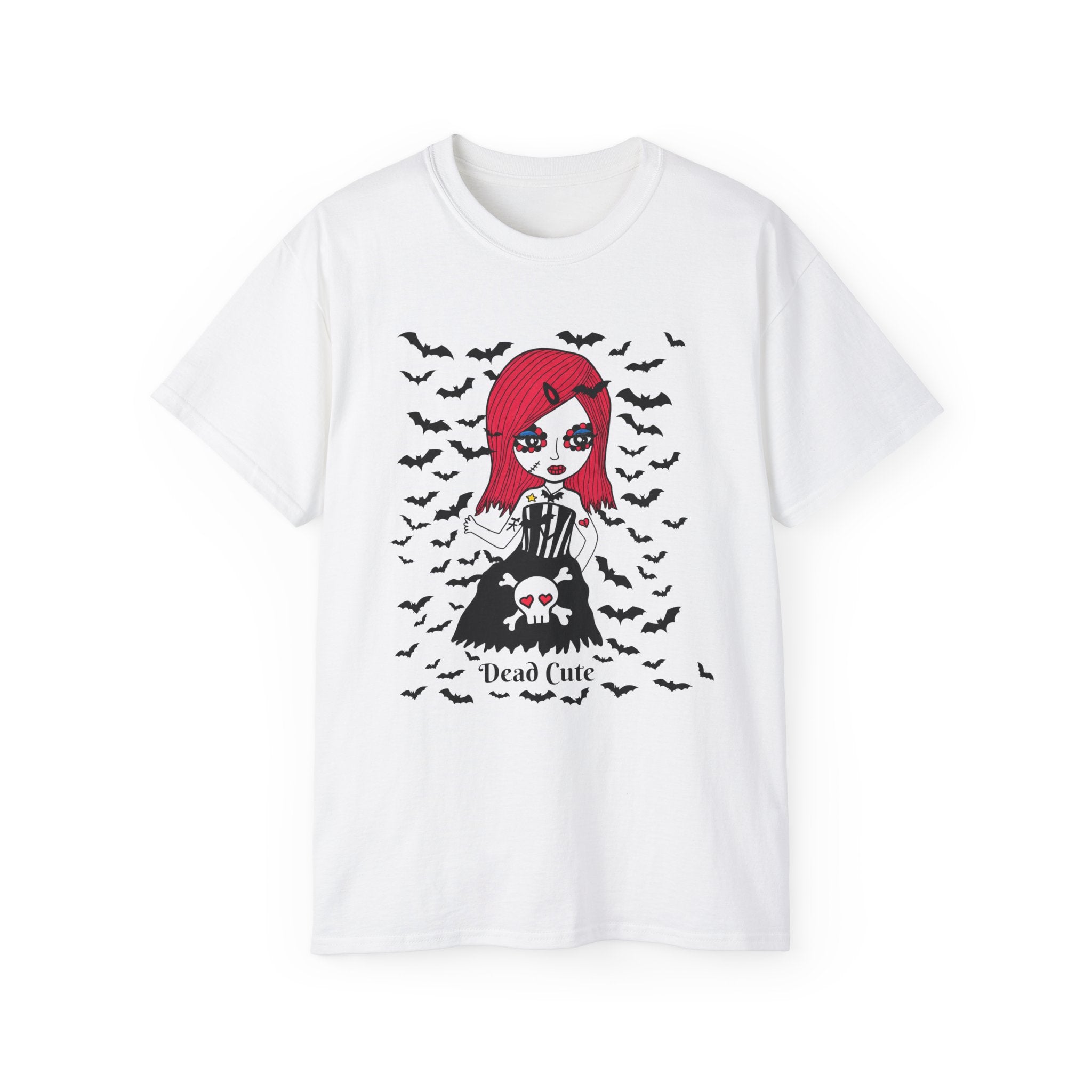 Dead Cute Goth Girl T-Shirt — Red-Haired Girl with Bats
