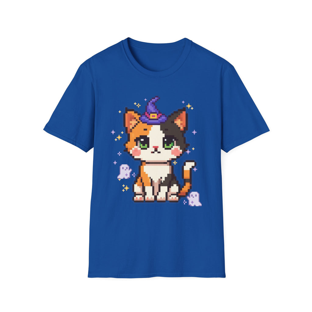 Unisex Cat Witch T-Shirt — Cute Calico Kitten in Witch Hat Pixel Art T-Shirt