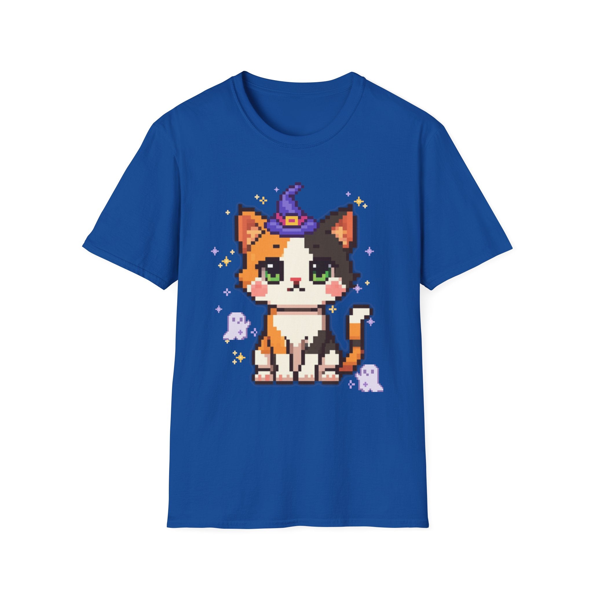 Unisex Cat Witch T-Shirt — Cute Calico Kitten in Witch Hat Pixel Art T-Shirt