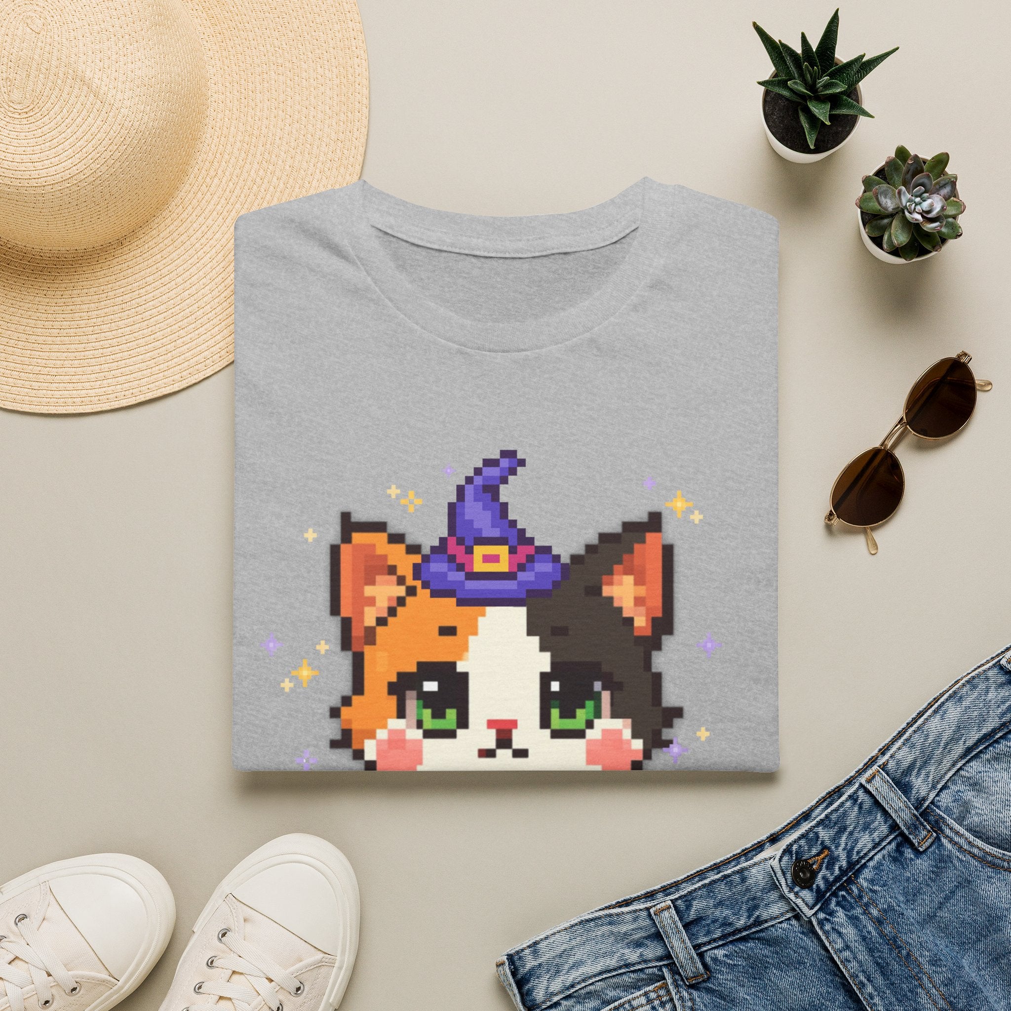 Unisex Cat Witch T-Shirt — Cute Calico Kitten in Witch Hat Pixel Art T-Shirt