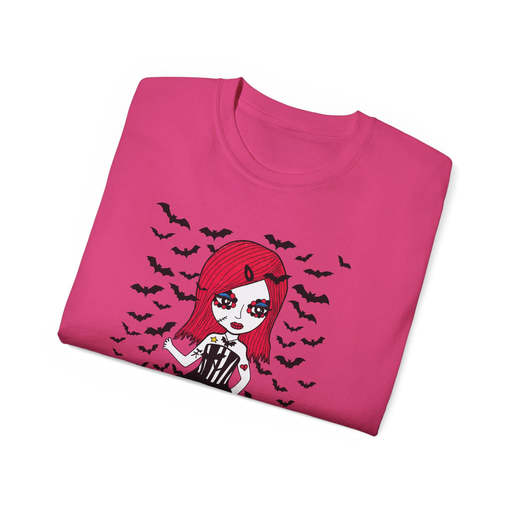 Dead Cute Goth Girl T-Shirt — Red-Haired Girl with Bats