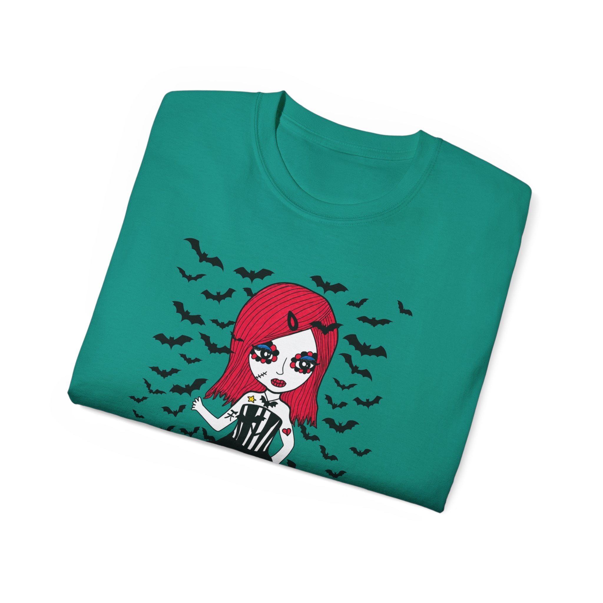 Dead Cute Goth Girl T-Shirt — Red-Haired Girl with Bats