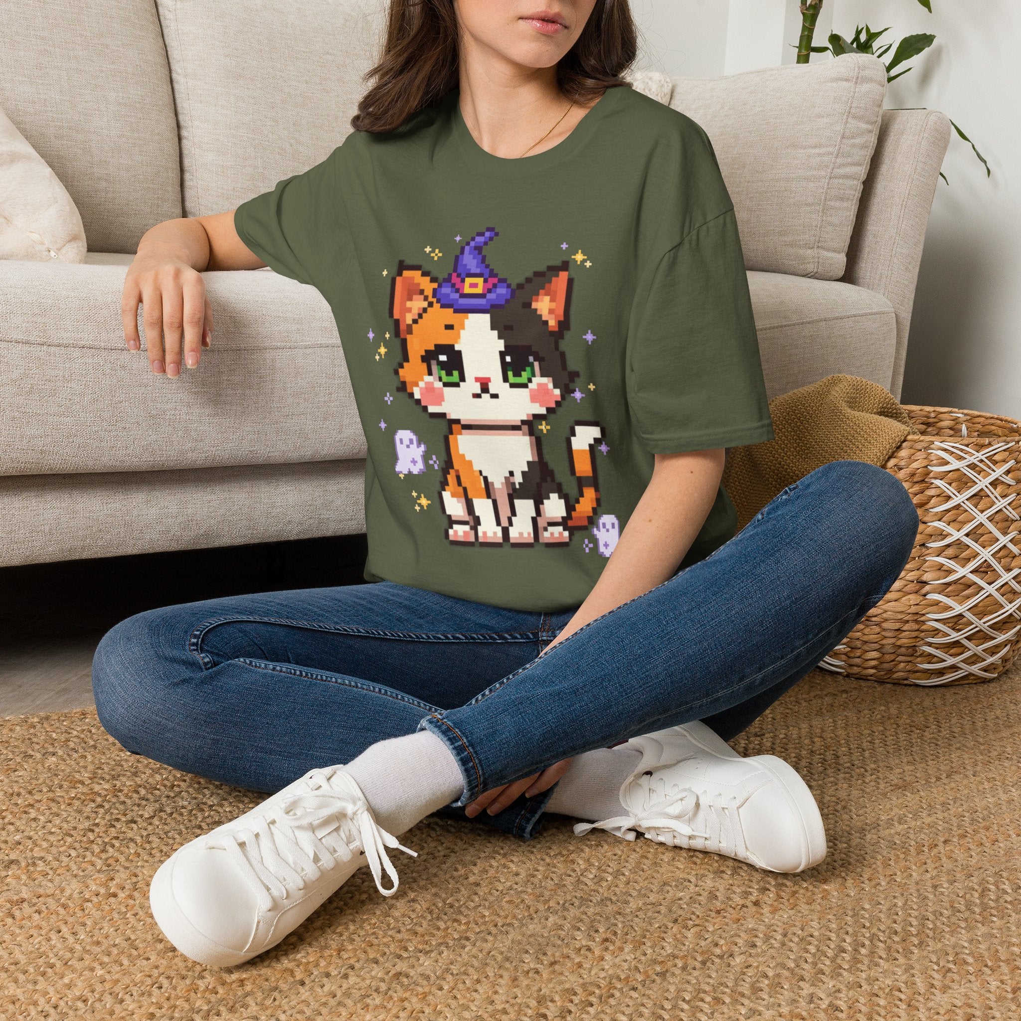 Unisex Cat Witch T-Shirt — Cute Calico Kitten in Witch Hat Pixel Art T-Shirt