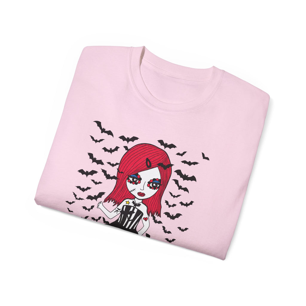 Dead Cute Goth Girl T-Shirt — Red-Haired Girl with Bats