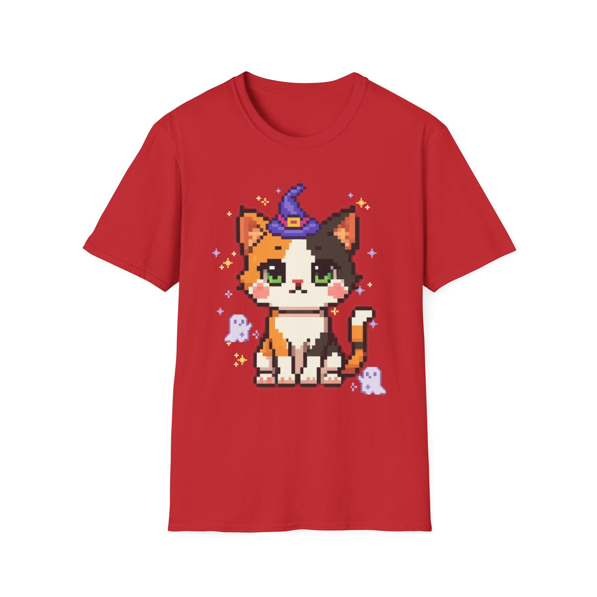 Unisex Cat Witch T-Shirt — Cute Calico Kitten in Witch Hat Pixel Art T-Shirt