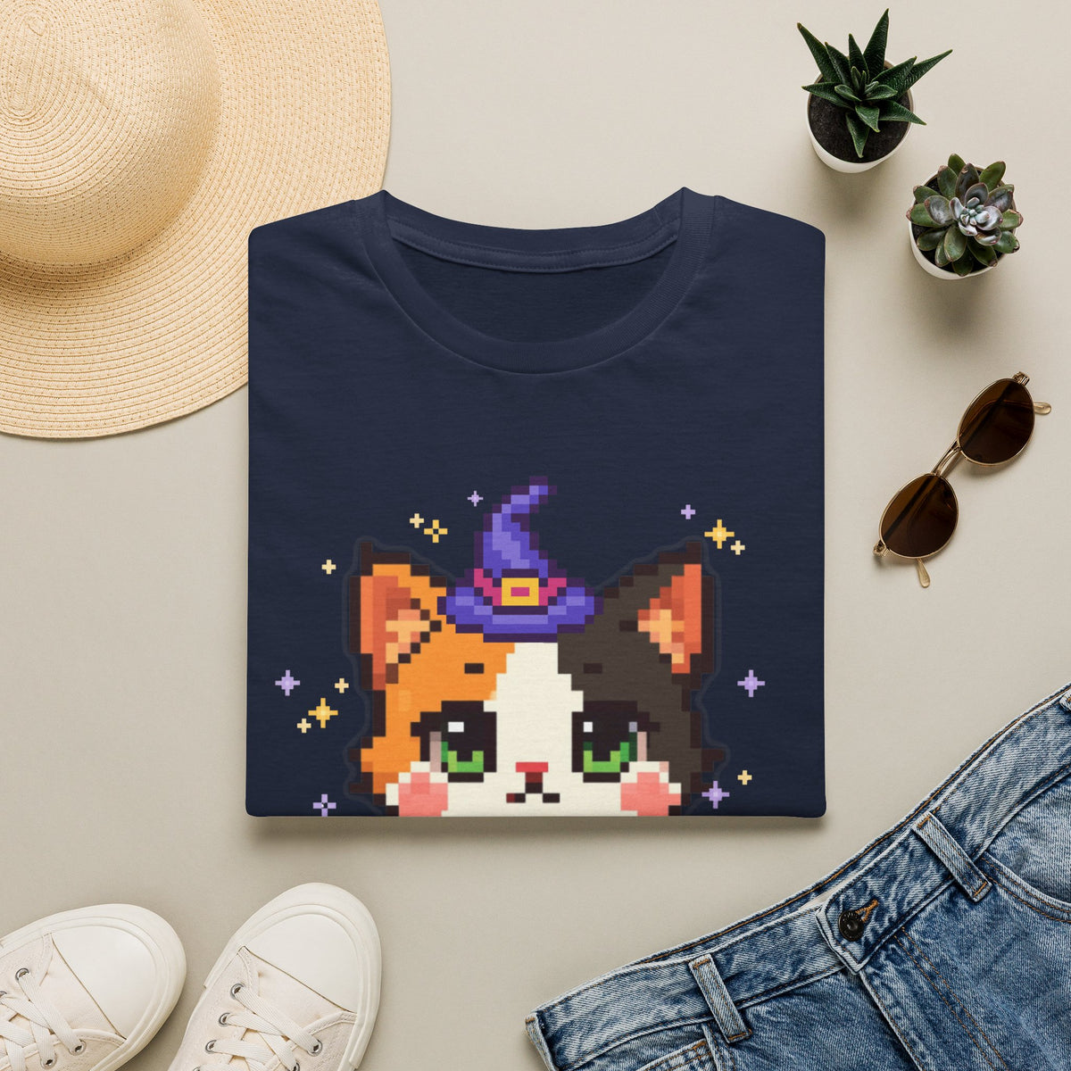 Unisex Cat Witch T-Shirt — Cute Calico Kitten in Witch Hat Pixel Art T-Shirt