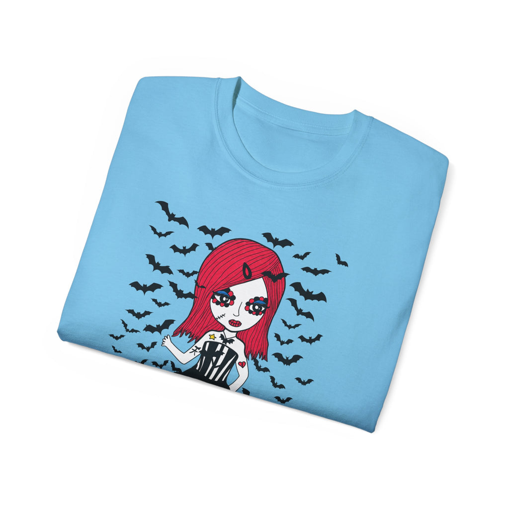 Dead Cute Goth Girl T-Shirt — Red-Haired Girl with Bats