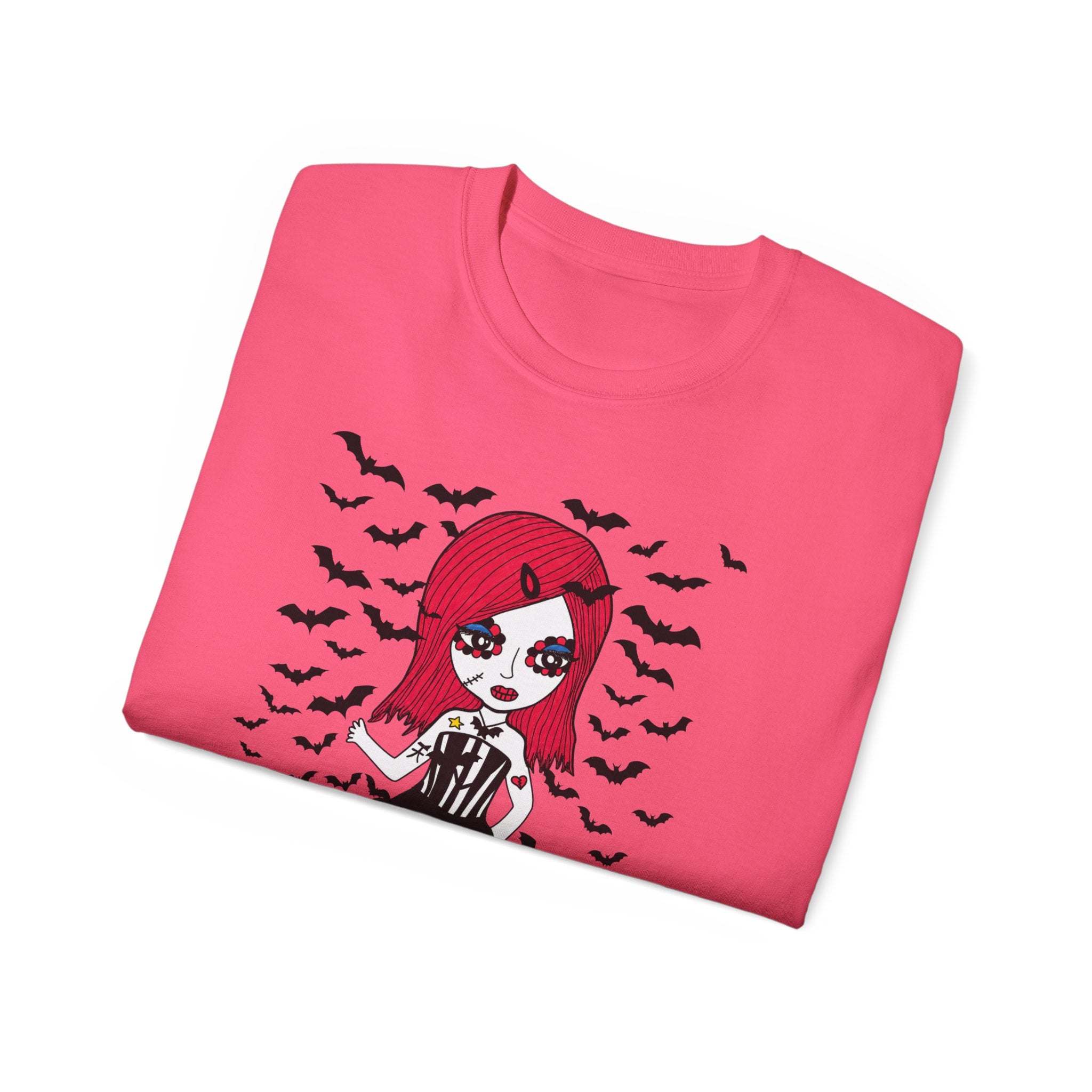 Dead Cute Goth Girl T-Shirt — Red-Haired Girl with Bats