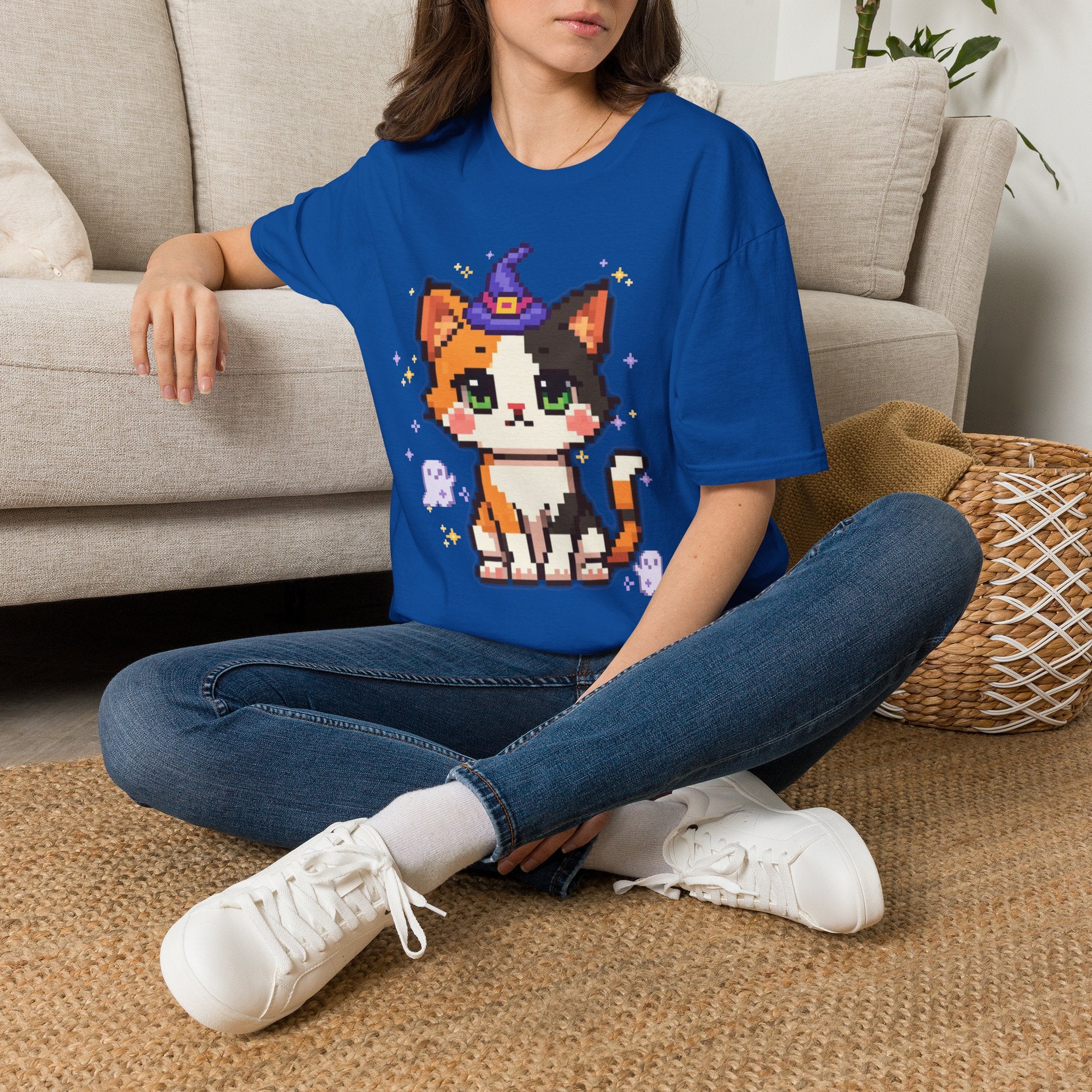 Unisex Cat Witch T-Shirt — Cute Calico Kitten in Witch Hat Pixel Art T-Shirt