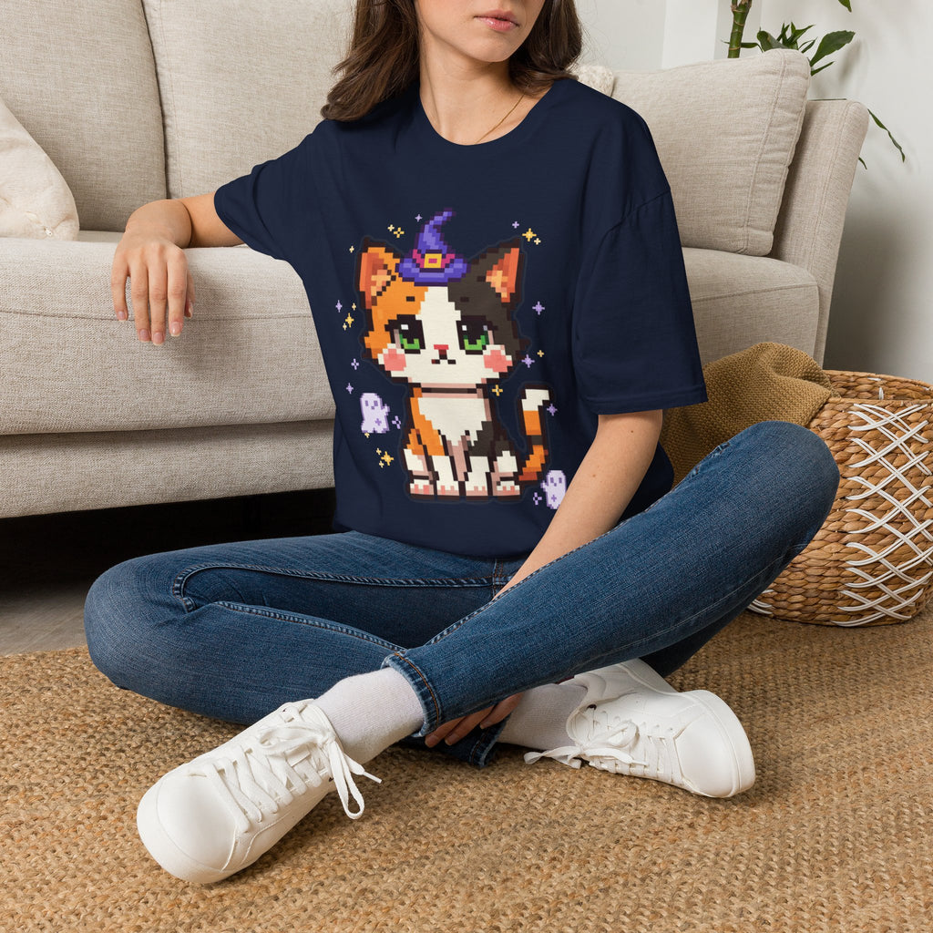 Unisex Cat Witch T-Shirt — Cute Calico Kitten in Witch Hat Pixel Art T-Shirt