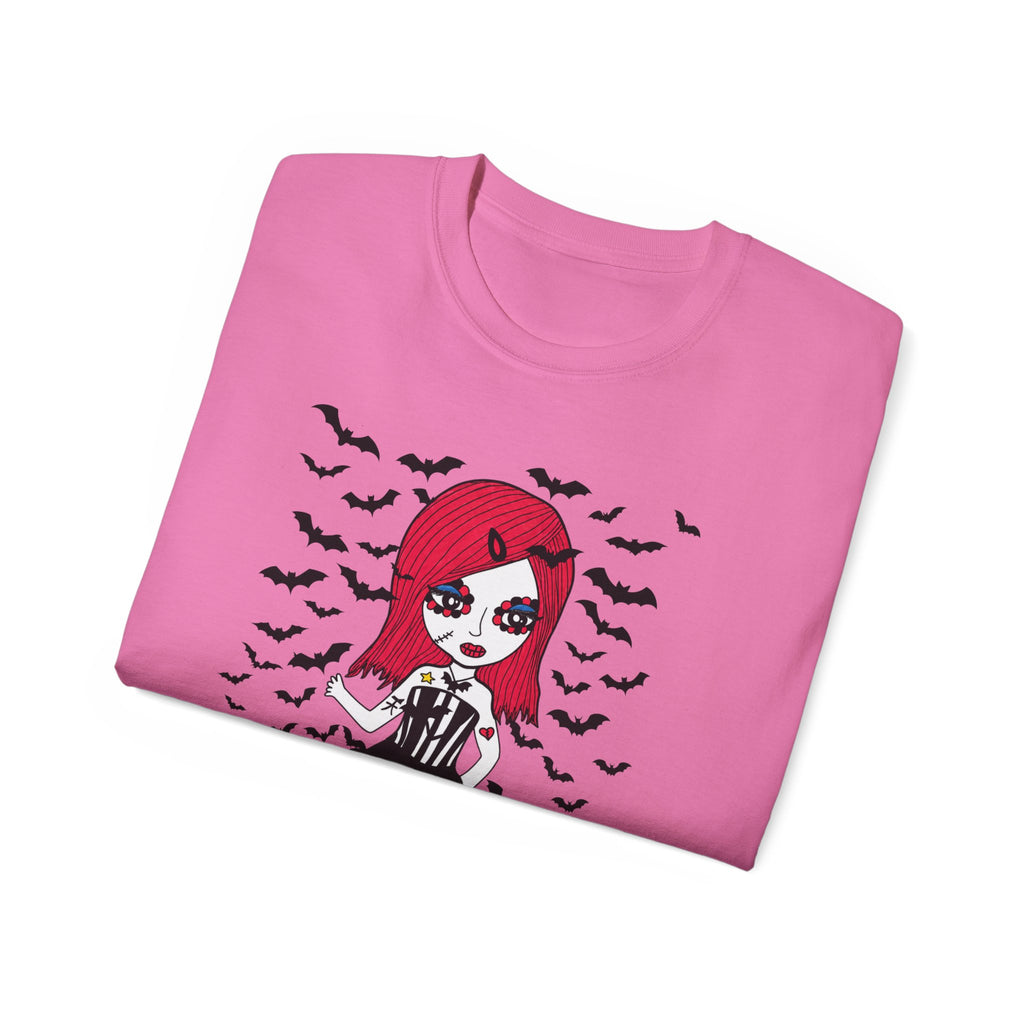 Dead Cute Goth Girl T-Shirt — Red-Haired Girl with Bats