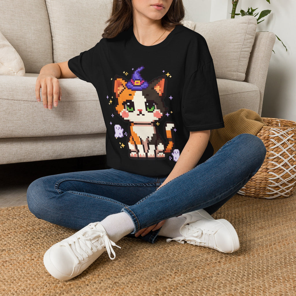 Unisex Cat Witch T-Shirt — Cute Calico Kitten in Witch Hat Pixel Art T-Shirt