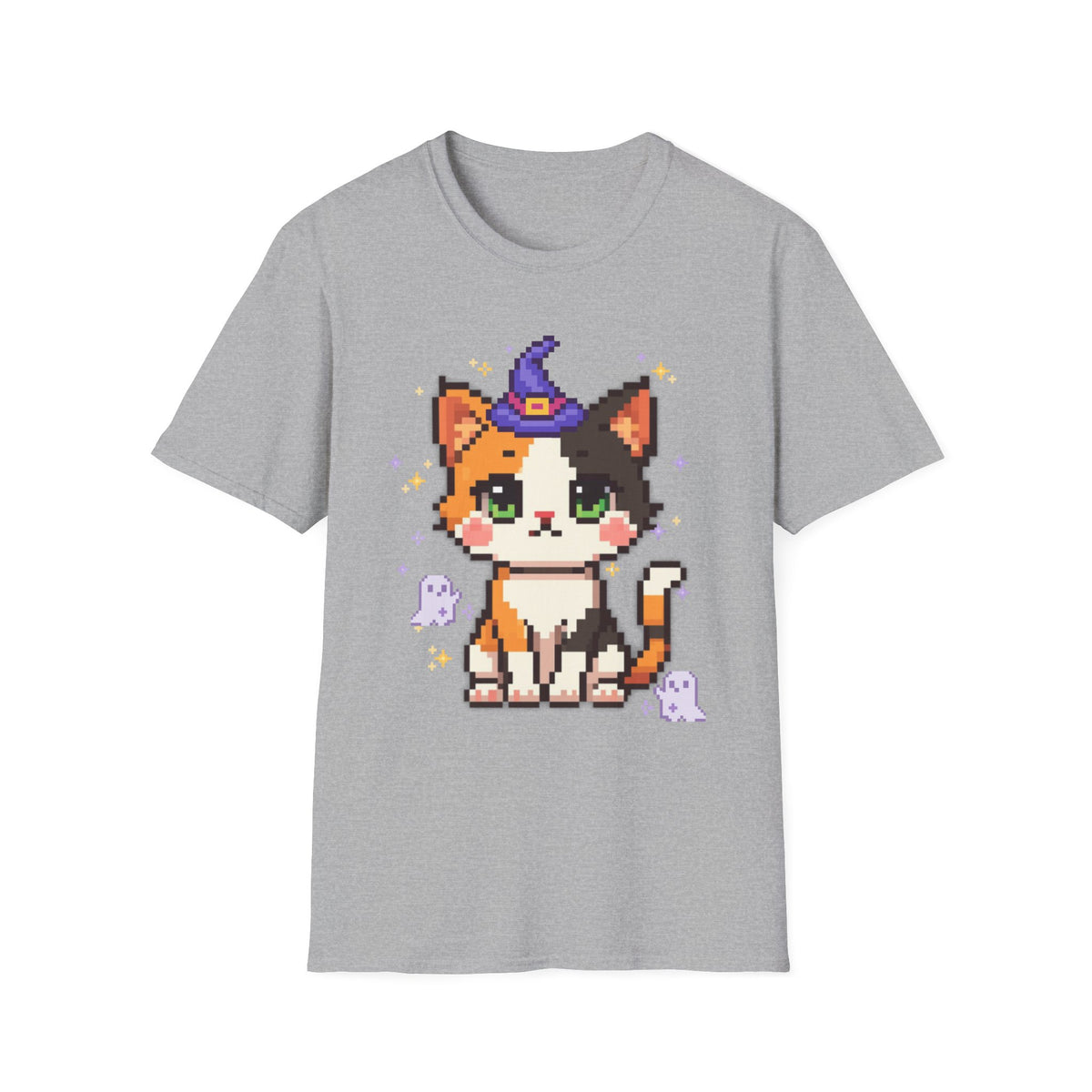 Unisex Cat Witch T-Shirt — Cute Calico Kitten in Witch Hat Pixel Art T-Shirt