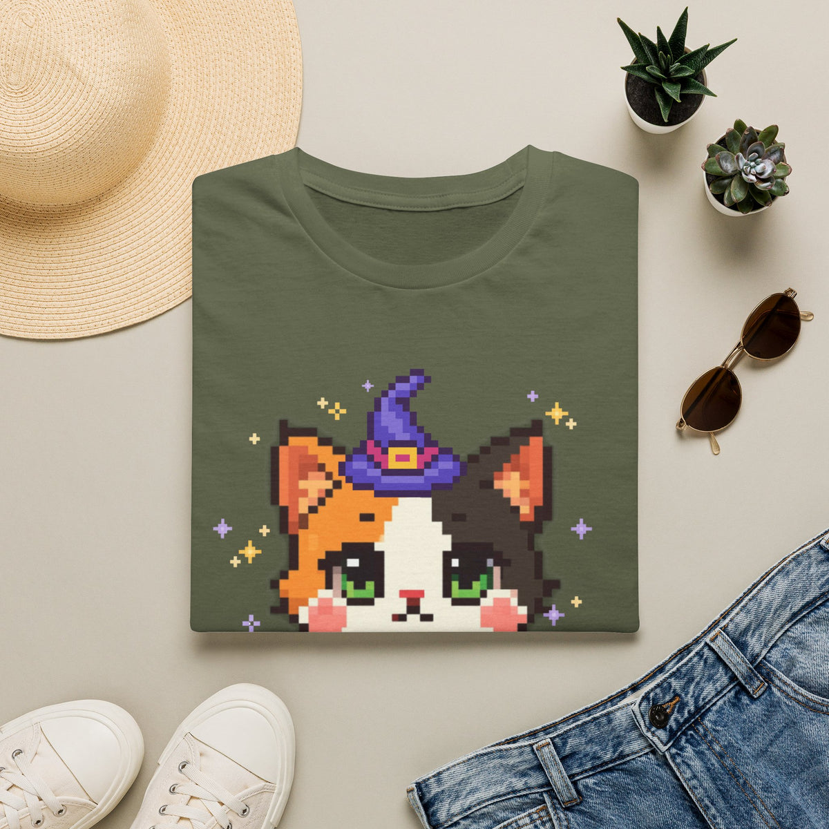 Unisex Cat Witch T-Shirt — Cute Calico Kitten in Witch Hat Pixel Art T-Shirt