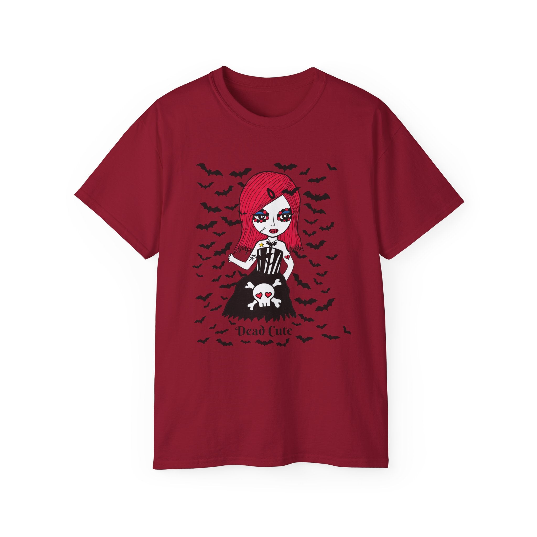 Dead Cute Goth Girl T-Shirt — Red-Haired Girl with Bats