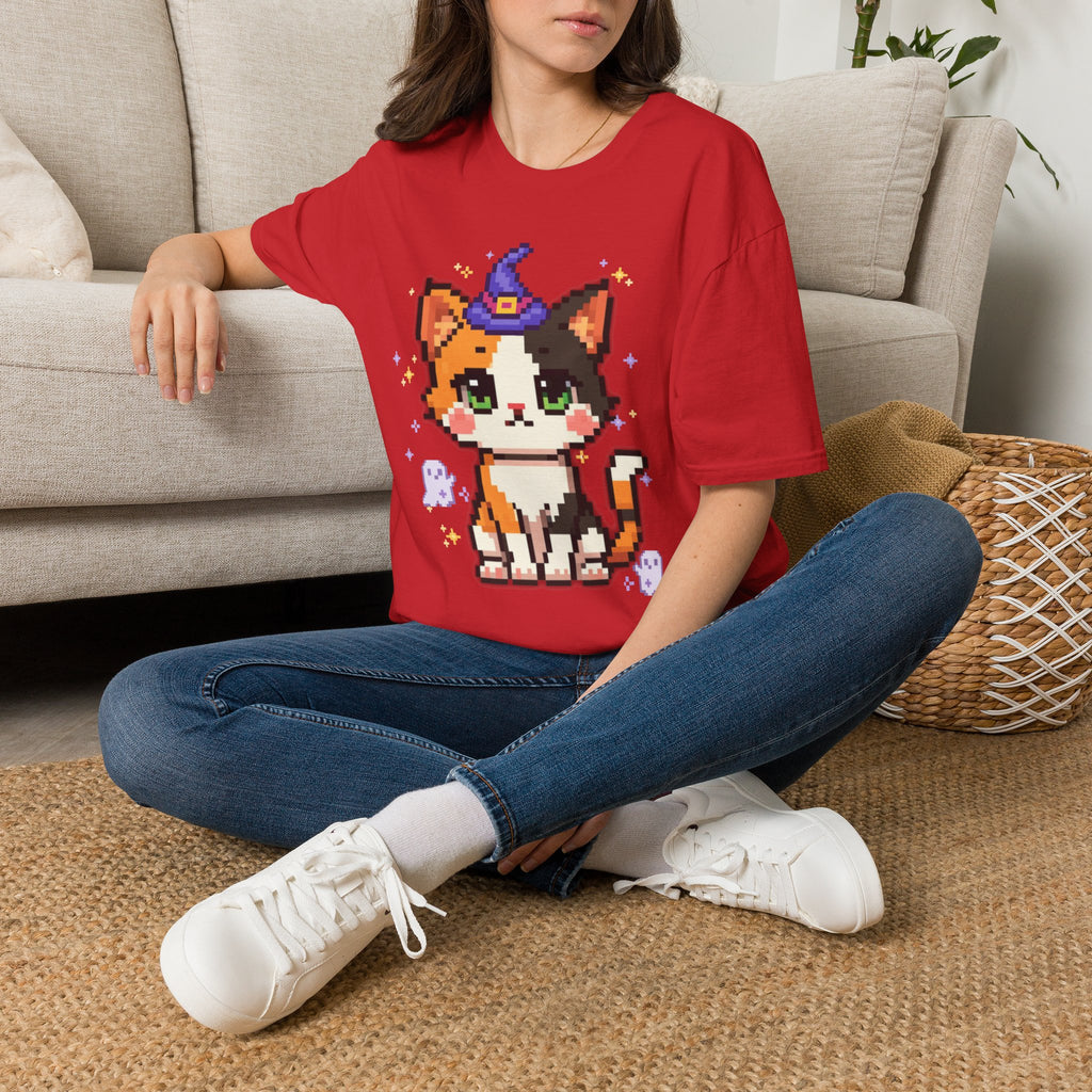 Unisex Cat Witch T-Shirt — Cute Calico Kitten in Witch Hat Pixel Art T-Shirt