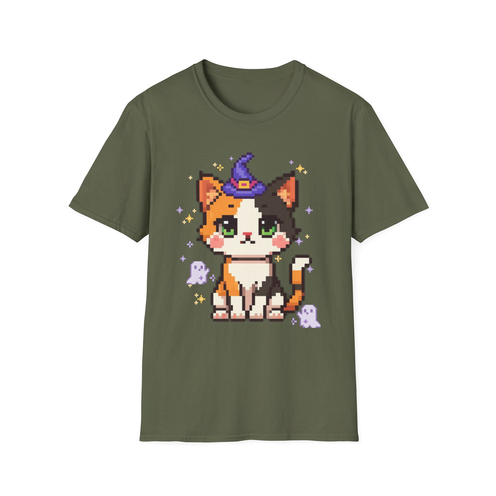 Unisex Cat Witch T-Shirt — Cute Calico Kitten in Witch Hat Pixel Art T-Shirt