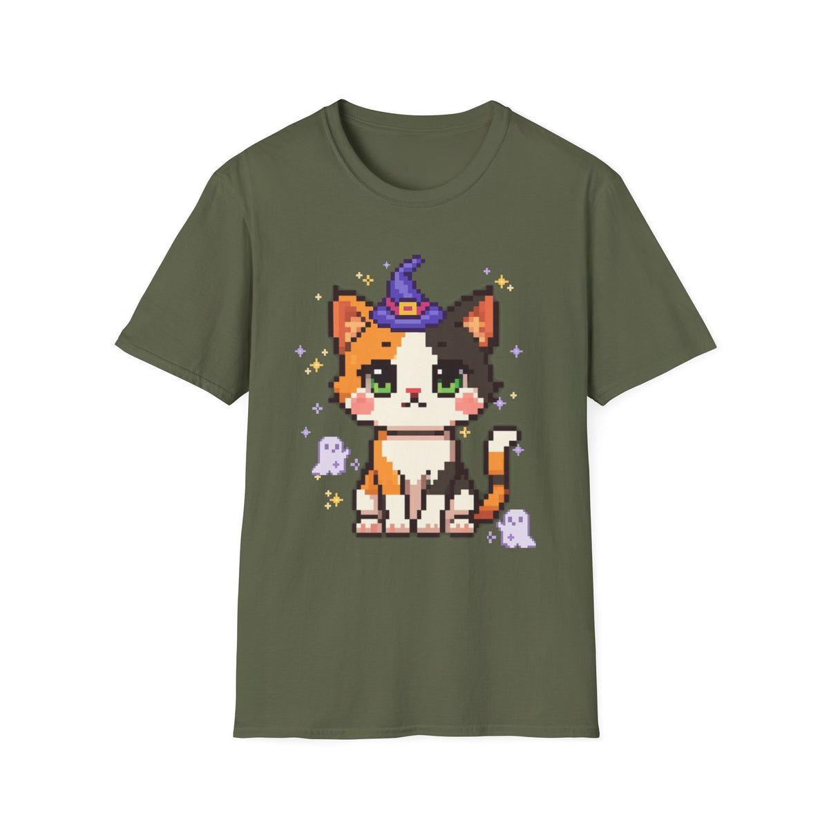 Unisex Cat Witch T-Shirt — Cute Calico Kitten in Witch Hat Pixel Art T-Shirt