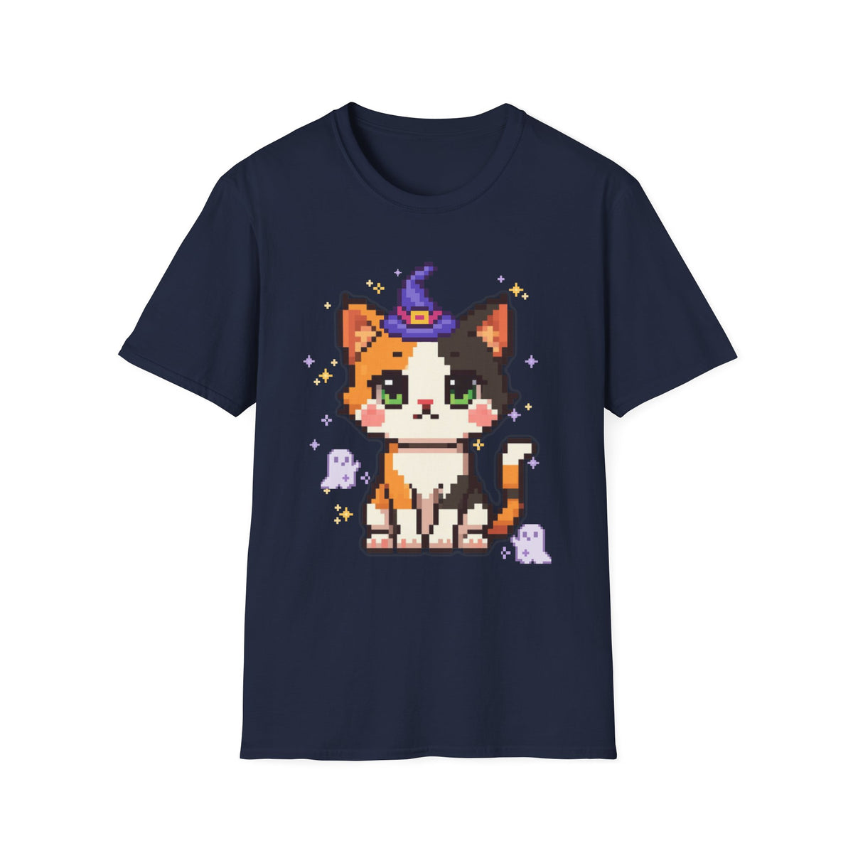 Unisex Cat Witch T-Shirt — Cute Calico Kitten in Witch Hat Pixel Art T-Shirt