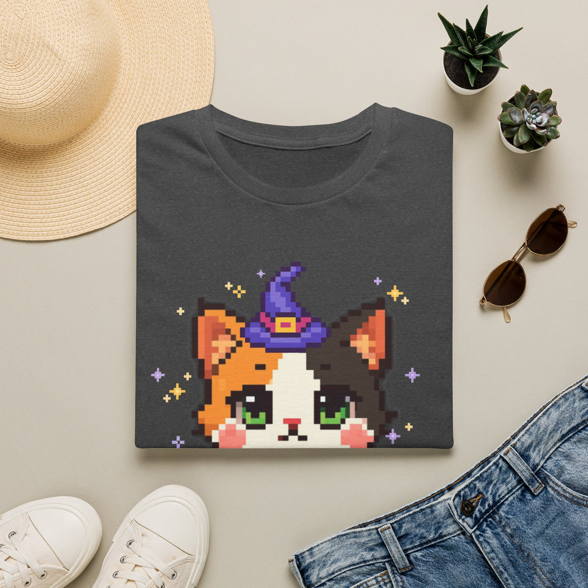 Unisex Cat Witch T-Shirt — Cute Calico Kitten in Witch Hat Pixel Art T-Shirt