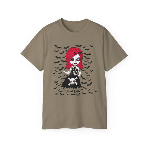 Dead Cute Goth Girl T-Shirt — Red-Haired Girl with Bats
