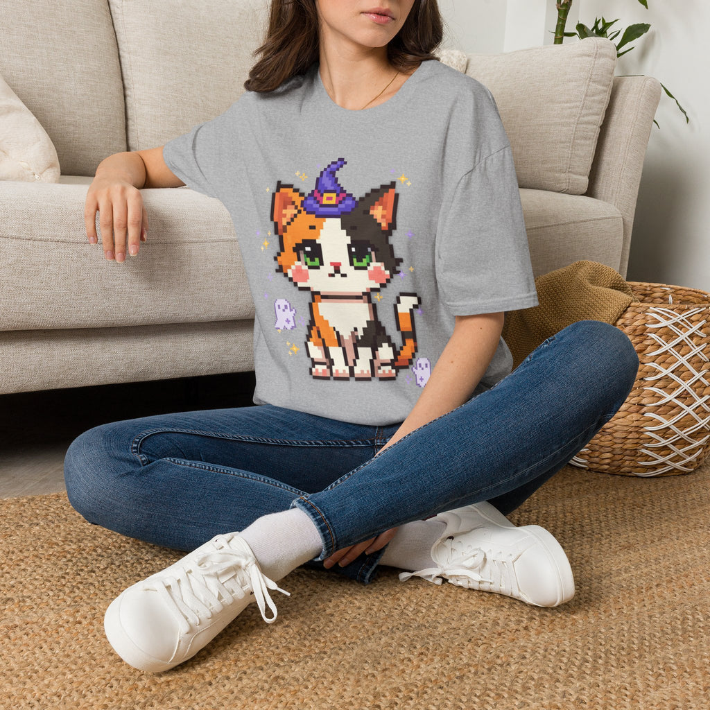 Unisex Cat Witch T-Shirt — Cute Calico Kitten in Witch Hat Pixel Art T-Shirt