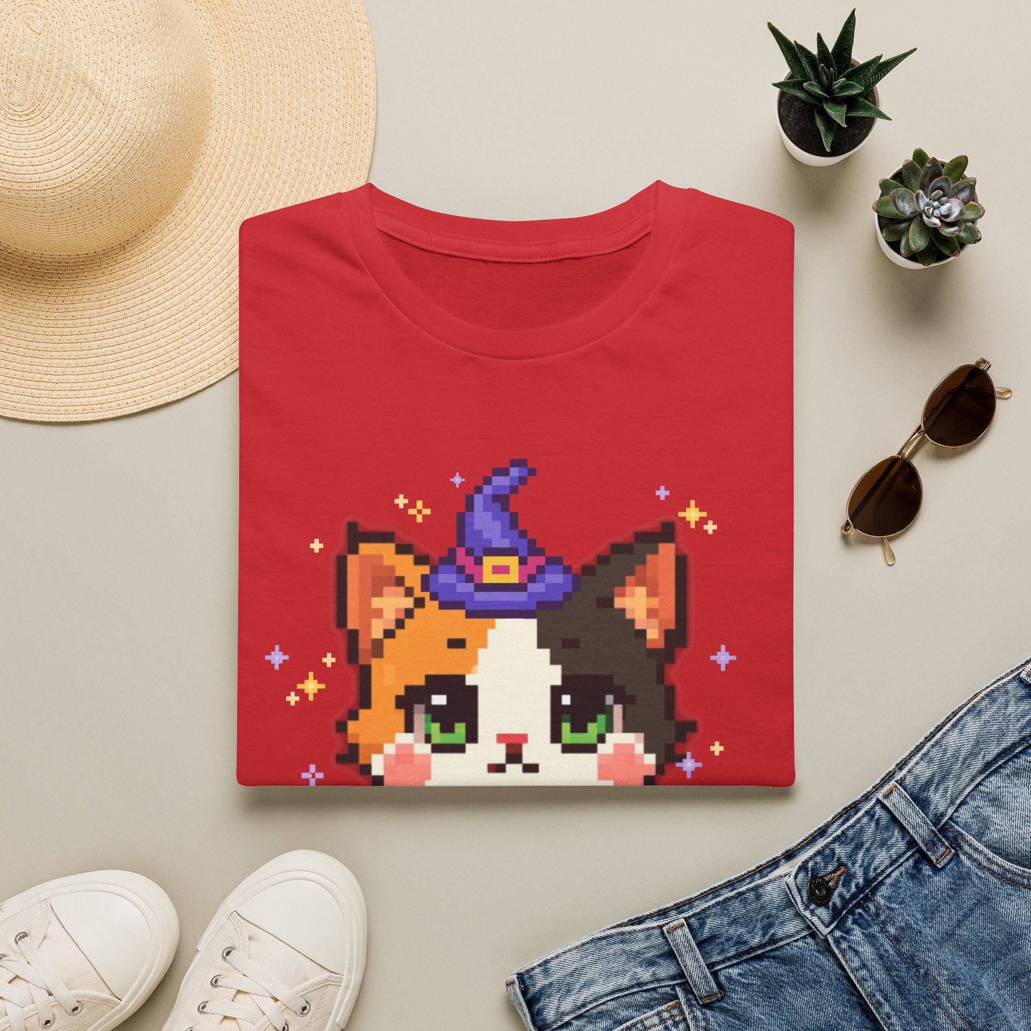 Unisex Cat Witch T-Shirt — Cute Calico Kitten in Witch Hat Pixel Art T-Shirt