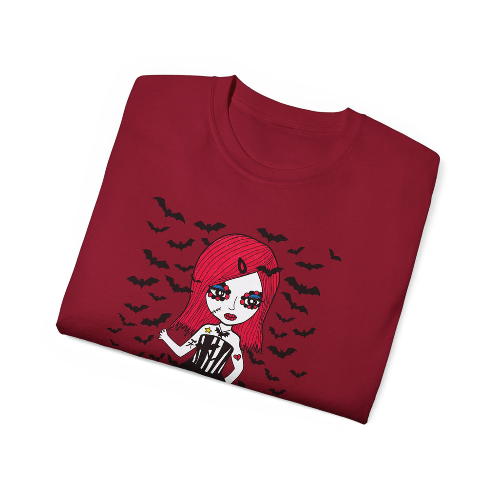 Dead Cute Goth Girl T-Shirt — Red-Haired Girl with Bats