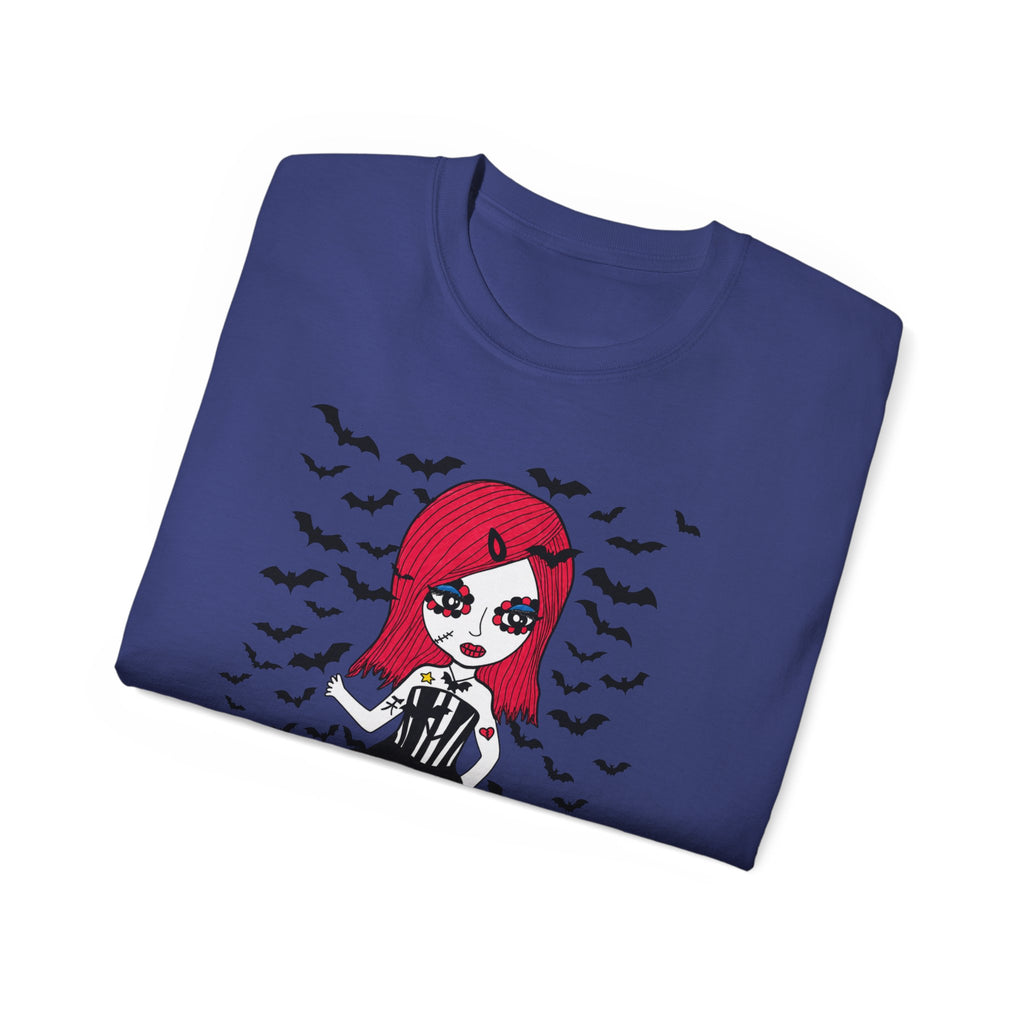 Dead Cute Goth Girl T-Shirt — Red-Haired Girl with Bats