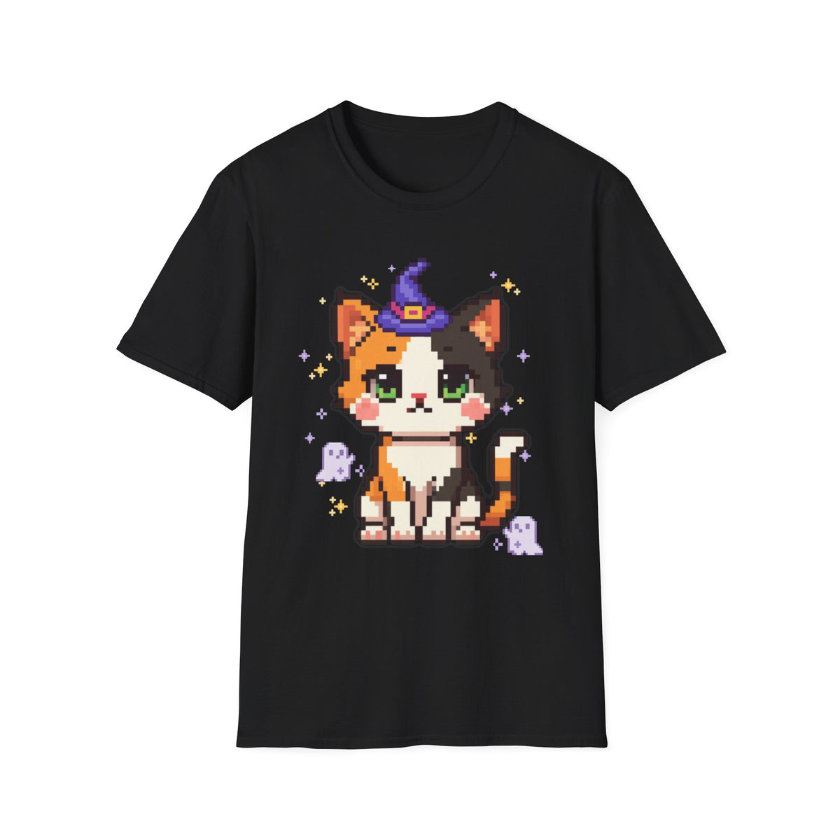 Unisex Cat Witch T-Shirt — Cute Calico Kitten in Witch Hat Pixel Art T-Shirt