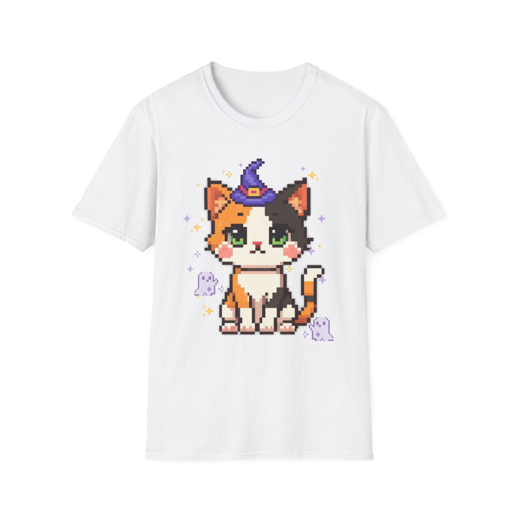 Unisex Cat Witch T-Shirt — Cute Calico Kitten in Witch Hat Pixel Art T-Shirt