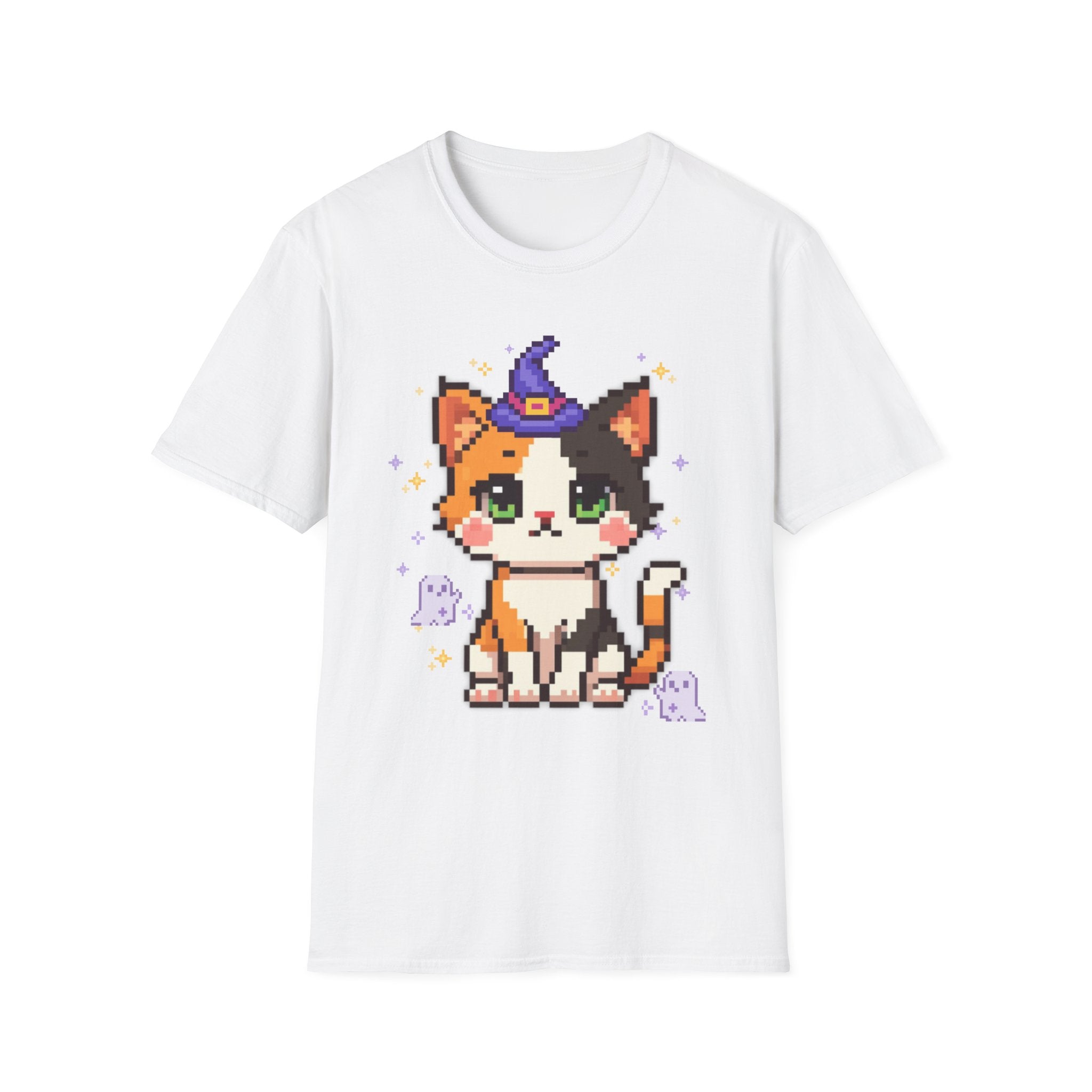 Unisex Cat Witch T-Shirt — Cute Calico Kitten in Witch Hat Pixel Art T-Shirt