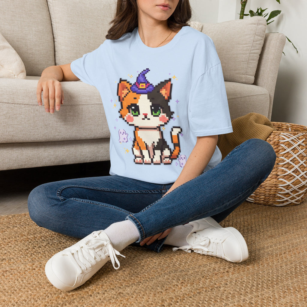 Unisex Cat Witch T-Shirt — Cute Calico Kitten in Witch Hat Pixel Art T-Shirt