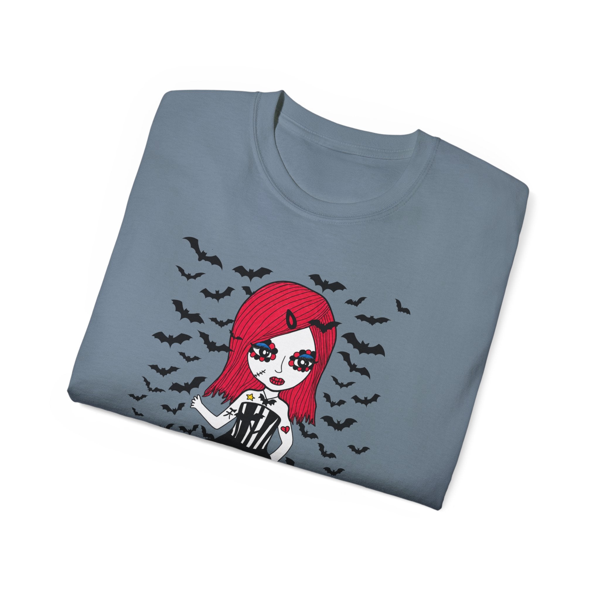 Dead Cute Goth Girl T-Shirt — Red-Haired Girl with Bats