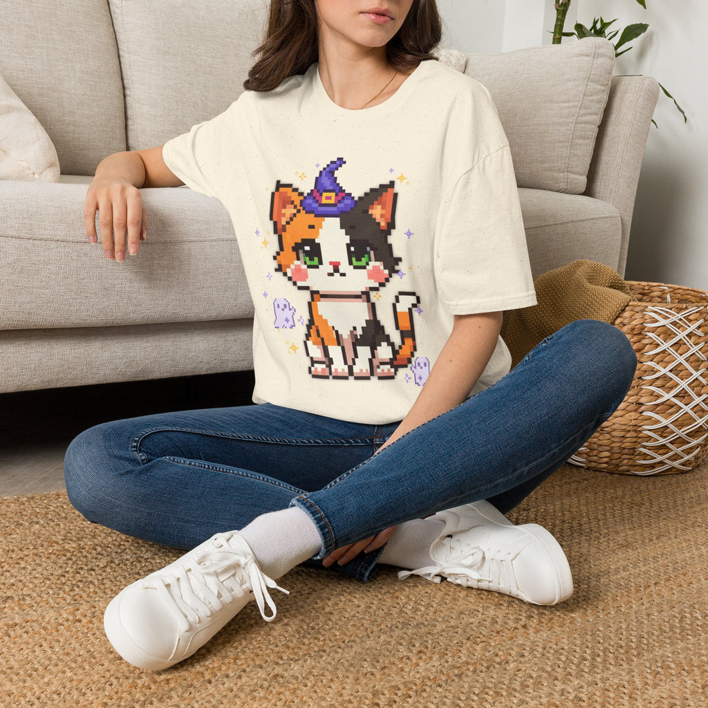 Unisex Cat Witch T-Shirt — Cute Calico Kitten in Witch Hat Pixel Art T-Shirt