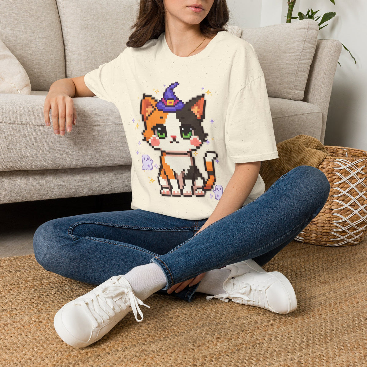 Unisex Cat Witch T-Shirt — Cute Calico Kitten in Witch Hat Pixel Art T-Shirt