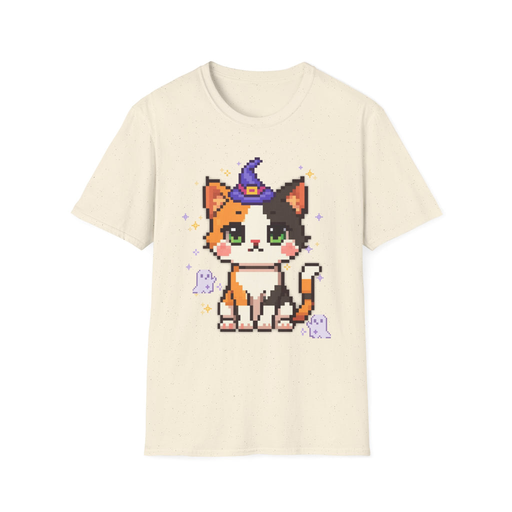 Unisex Cat Witch T-Shirt — Cute Calico Kitten in Witch Hat Pixel Art T-Shirt