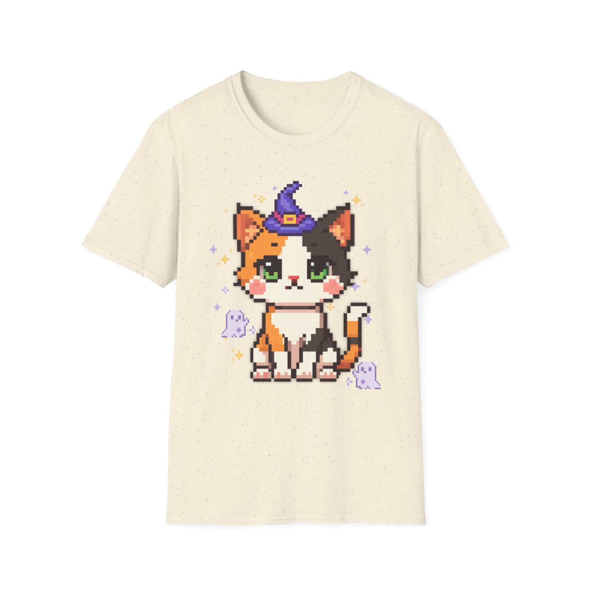 Unisex Cat Witch T-Shirt — Cute Calico Kitten in Witch Hat Pixel Art T-Shirt