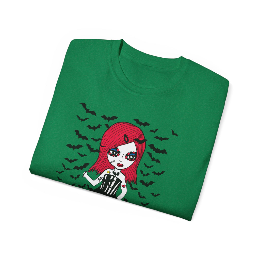 Dead Cute Goth Girl T-Shirt — Red-Haired Girl with Bats