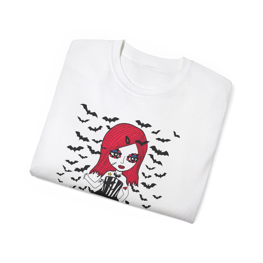 Dead Cute Goth Girl T-Shirt — Red-Haired Girl with Bats