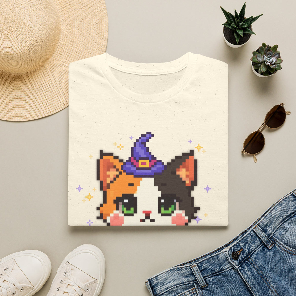 Unisex Cat Witch T-Shirt — Cute Calico Kitten in Witch Hat Pixel Art T-Shirt