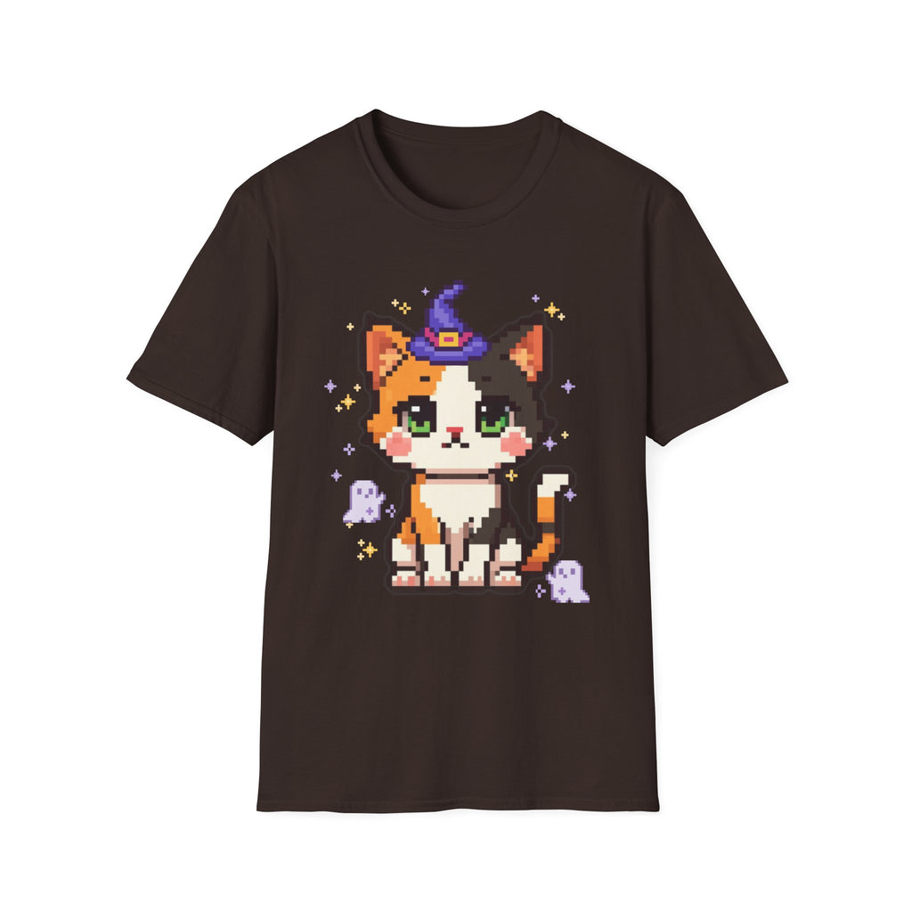 Unisex Cat Witch T-Shirt — Cute Calico Kitten in Witch Hat Pixel Art T-Shirt