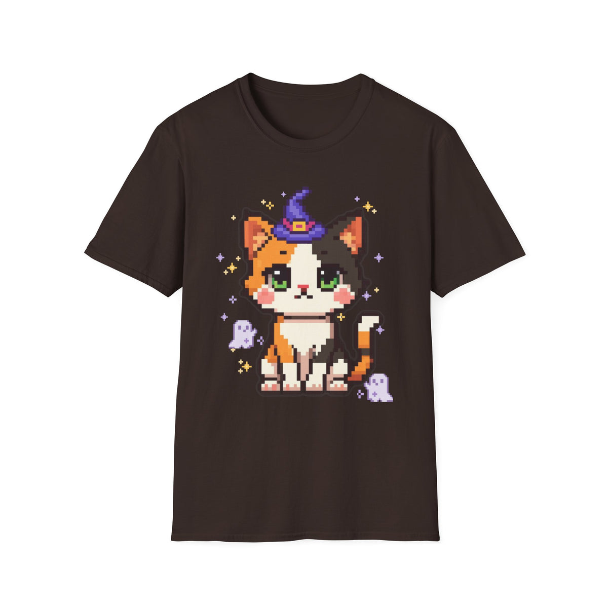 Unisex Cat Witch T-Shirt — Cute Calico Kitten in Witch Hat Pixel Art T-Shirt