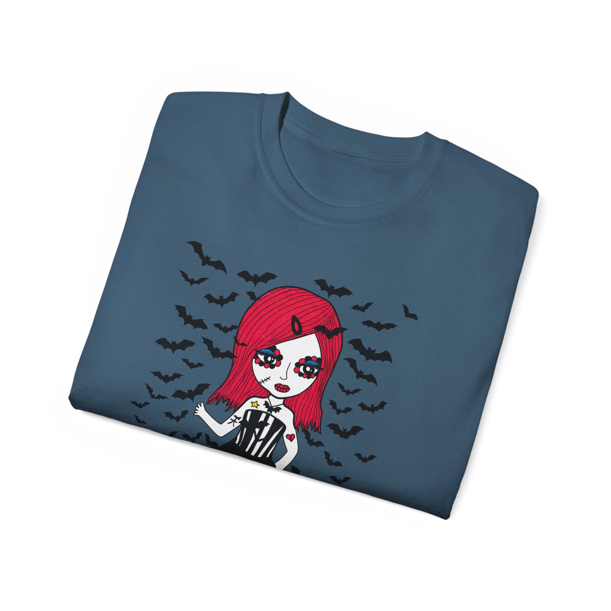 Dead Cute Goth Girl T-Shirt — Red-Haired Girl with Bats