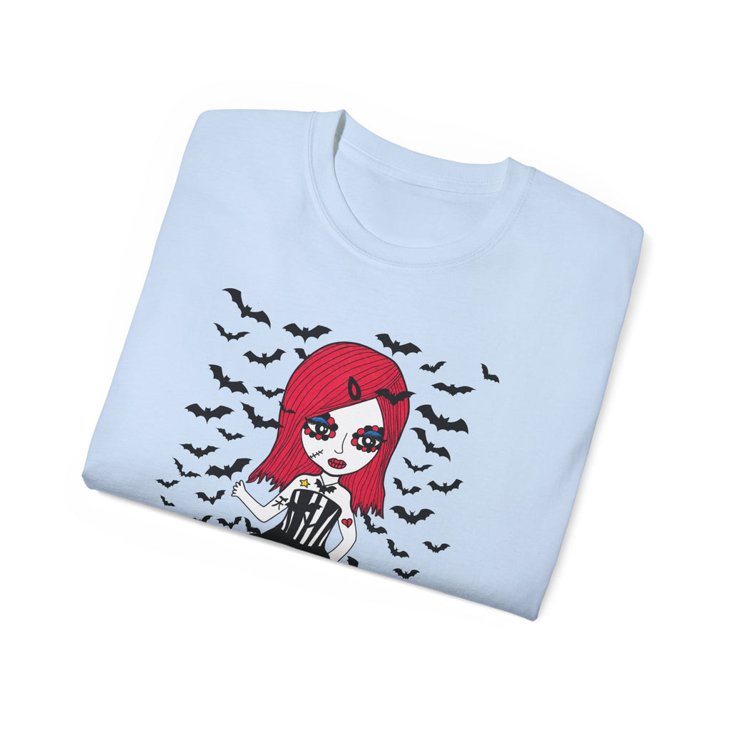 Dead Cute Goth Girl T-Shirt — Red-Haired Girl with Bats
