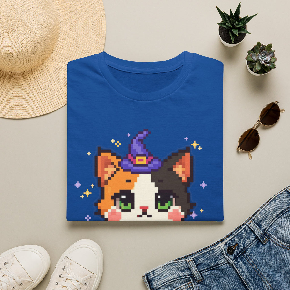 Unisex Cat Witch T-Shirt — Cute Calico Kitten in Witch Hat Pixel Art T-Shirt