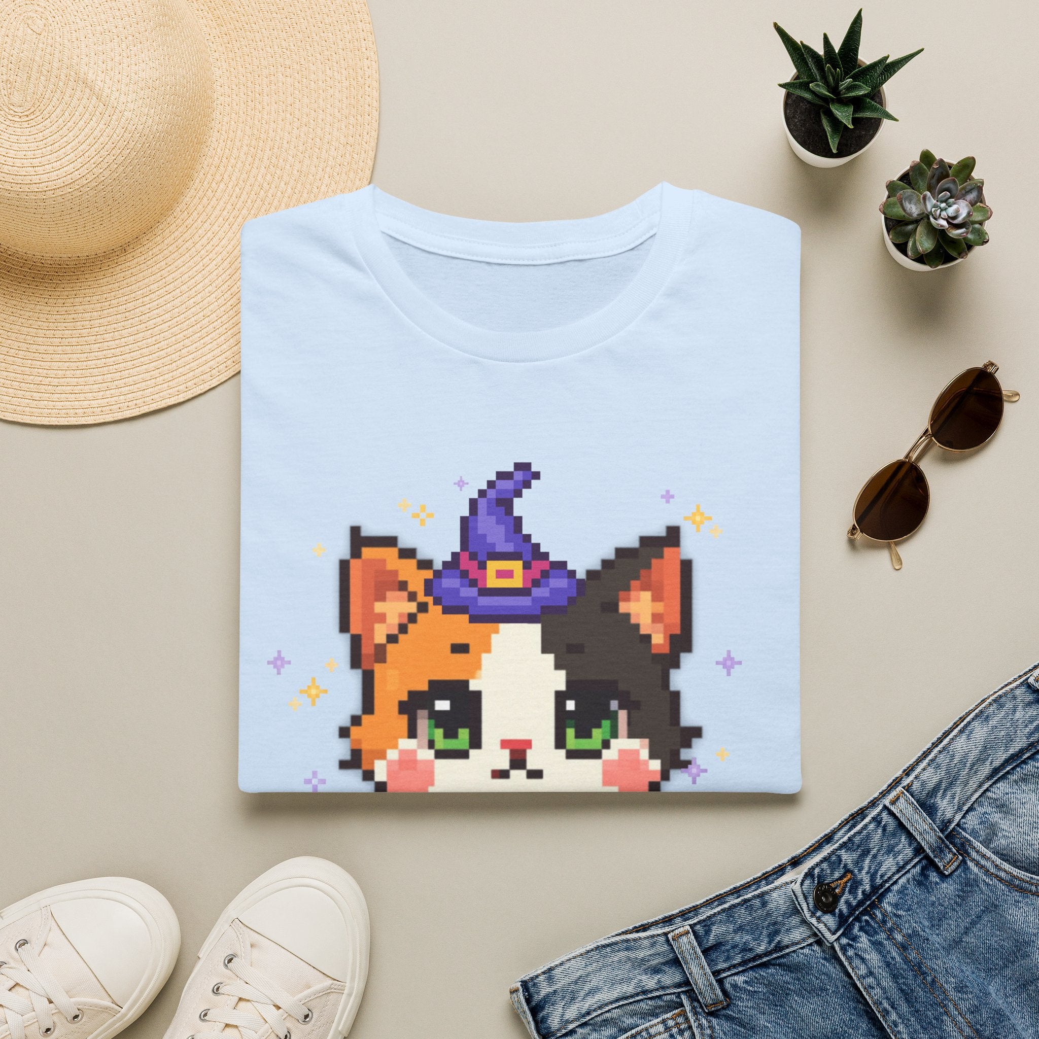 Unisex Cat Witch T-Shirt — Cute Calico Kitten in Witch Hat Pixel Art T-Shirt
