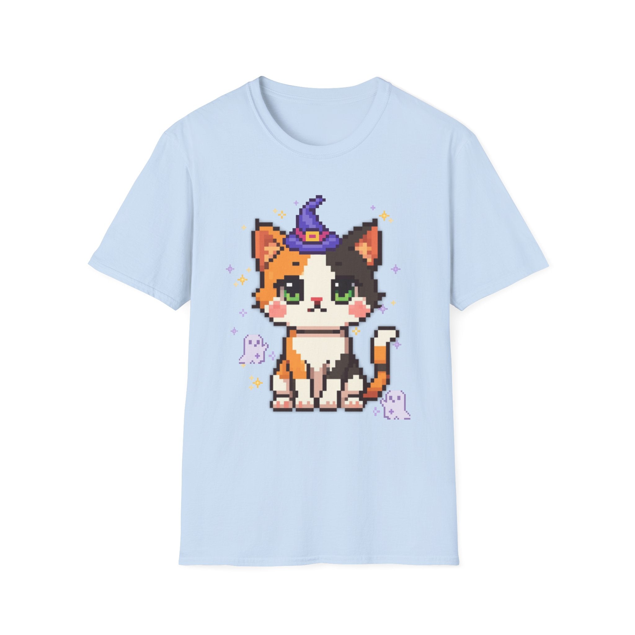 Unisex Cat Witch T-Shirt — Cute Calico Kitten in Witch Hat Pixel Art T-Shirt