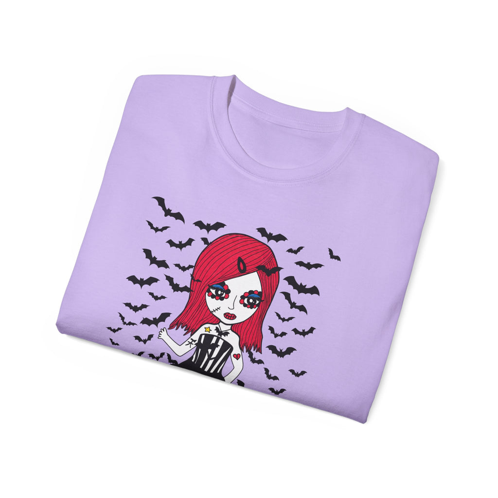 Dead Cute Goth Girl T-Shirt — Red-Haired Girl with Bats
