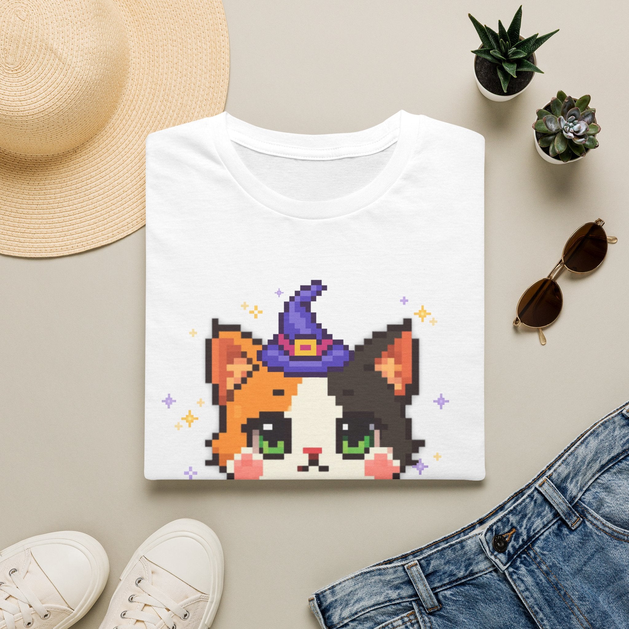 Unisex Cat Witch T-Shirt — Cute Calico Kitten in Witch Hat Pixel Art T-Shirt